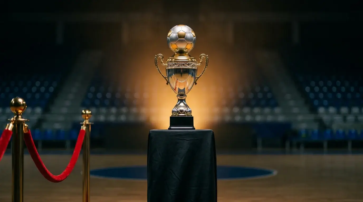 Купа от UEFA Futsal Champions League на пиедестал в осветена зала